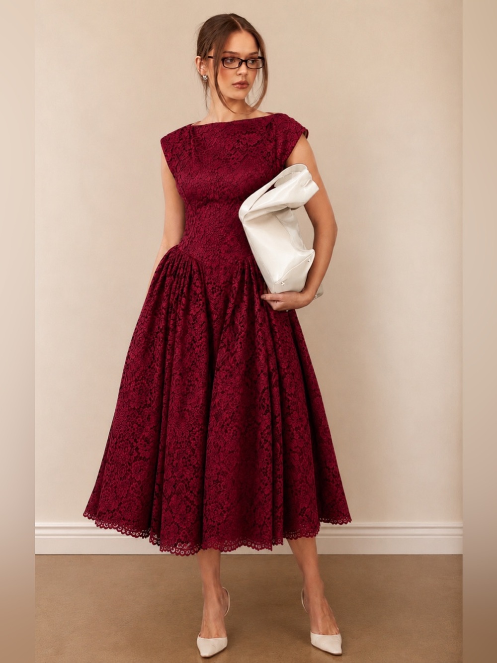 House of CB DEBUTANTE Berry Lace Backless Midi Dress